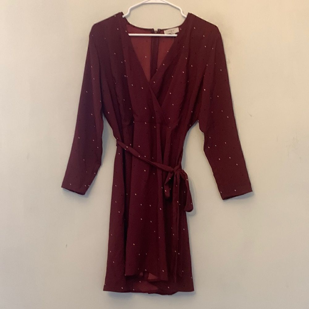 Loft Outlet tie waist burgundy dress with mini polka dots Size 4 NWT